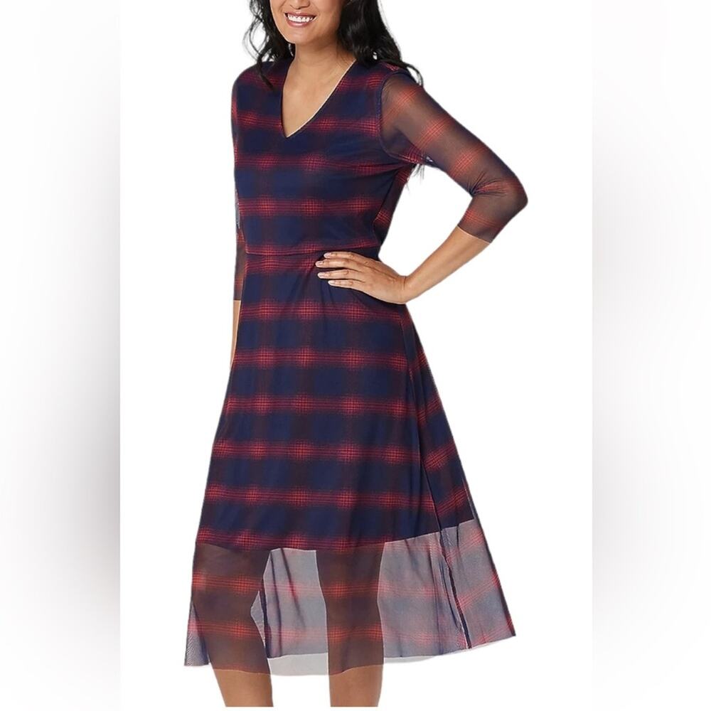 Du Jour Navy Red Plaid Fall Academia Mesh V-Neck Dress Size Small